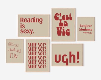 Set of 6 Funny Printable Posters for Girls, Retro Typography Wall Art, Feminine Digital Prints, Self Love Room Decor, Instant Download Girly