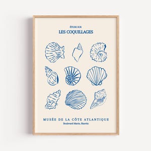 Póster imprimible de la Exposición de Coquillages: Impresión artística de conchas marinas francesas, decoración costera para pared, arte náutico minimalista, descarga digital