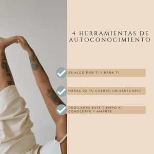 Może przedstawiać: Grafika przedstawiająca osobę wykonującą jogę z tekstem "4 HERRAMIENTAS DE AUTOCONOCIMIENTO" i trzema znacznikami wyboru z tekstem "ES ALGO POR TI Y PARA TI", "HARAS DE TU CUERPO UN SANTUARIO" i "DEDICARAS ESTE TIEMPO A CONOCERTE Y AMARTE".
