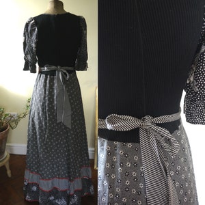 Vintage 70s Black and White Maxi Dress with Jersey Stretch Bodice, Stripe and Floral Prints, and Red Ribbon Accents image 2
