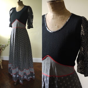 Vintage 70s Black and White Maxi Dress with Jersey Stretch Bodice, Stripe and Floral Prints, and Red Ribbon Accents image 1