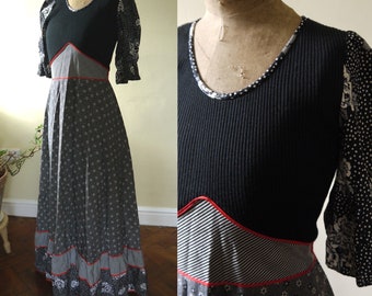 Vintage 70s Black and White Maxi Dress with Jersey Stretch Bodice, Stripe and Floral Prints, and Red Ribbon Accents