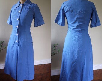 Vintage 70s Blue Cotton Denim Look Work Dress with White Buttons - 50s Style