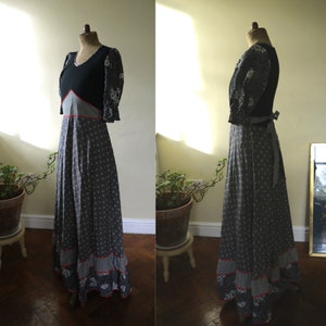 Vintage 70s Black and White Maxi Dress with Jersey Stretch Bodice, Stripe and Floral Prints, and Red Ribbon Accents image 3