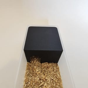 Può includere: Un nascondiglio in plastica nera per piccoli animali, come criceti o gerbilli, con una piccola apertura sul lato. Il nascondiglio è posto su un letto di trucioli di legno.