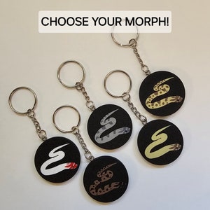 Puede incluir: Cinco llaveros con diferentes diseños de serpientes. Cada llavero presenta un amuleto circular negro con un diseño de serpiente blanca. Los diseños de serpientes incluyen una serpiente blanca con una cola roja, una serpiente gris, una serpiente amarilla, una serpiente marrón con manchas negras y una serpiente marrón con manchas blancas. Los llaveros están unidos a llaveros de plata.