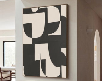 Unikat Handgemaltes Kunstwerk mit Acryl auf Leinwand Wabi Sabi Wand Kunst Schwarz Beige Abstrakte Geometrische Malerei Minimalist Boho