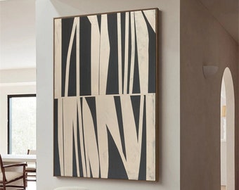 Unikat Handgemaltes Kunstwerk mit Acryl auf Leinwand Wabi Sabi Wand Kunst Schwarz Beige Abstrakte Geometrische Malerei Minimalistisch Boho