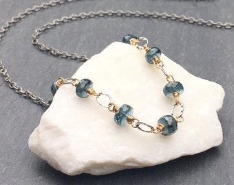Kyanite Necklace, Mixed Metals, 18 Inch Necklace, Moss Kyanite Gemstones, Handmade Jewelry, Imperial Kyanite Jewelry, Teal Kyanite Crystals