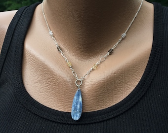 Kyanite Pendant, 20 inch Citrine, Smoky Quartz, Clear Quartz Gemstone Necklace, Gift for Her, One of a Kind, Handmade Natural Stone Jewelry