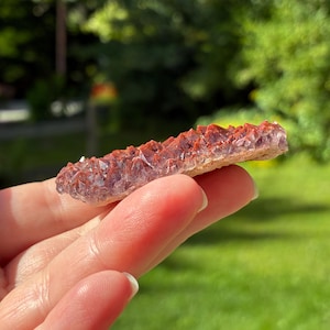 May include: A flat, elongated mineral specimen featuring a cluster of small, pointed crystals. The crystal tips are a deep, rusty red color, while the base and lower sections exhibit a translucent, pale purple hue with a rough, natural texture.