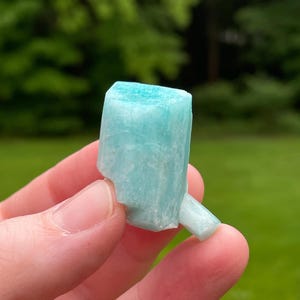May include: A light blue, rectangular crystal with a smaller, protruding section. The crystal is held in a hand against a blurred green background. The crystal's surface has a slightly rough texture and a translucent appearance.