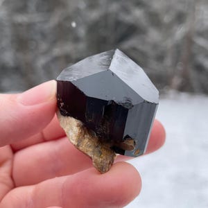 May include: A faceted, black crystal with a glossy surface. The crystal is held in a hand, revealing a rough, tan-colored base. The crystal's geometric shape and dark color suggest it is a mineral specimen.