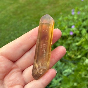 May include: A double-terminated citrine crystal point with a translucent golden-yellow hue. The elongated quartz specimen features natural internal inclusions, visible facets along its length, and a sharp, pointed termination at both ends.