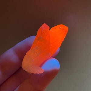 Może przedstawiać: Żywy, świecący pomarańczowy klaster kryształ&oacute;w. Kryształ ma szorstką, teksturowaną powierzchnię i jasny, prawie neonowy kolor. Kryształ jest trzymany w dłoni na neutralnym tle.