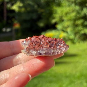 May include: A cluster of amethyst crystals with a distinct reddish-brown coating on the pointed tips. The mineral specimen features a jagged, uneven surface with translucent purple bases visible beneath the dark, earthy-toned crystalline crust.