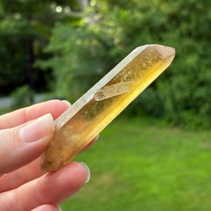 May include: A translucent, elongated citrine crystal point with a warm, golden-yellow hue. The natural mineral specimen features a faceted, hexagonal structure with visible internal inclusions and a sharp, tapered termination at one end.