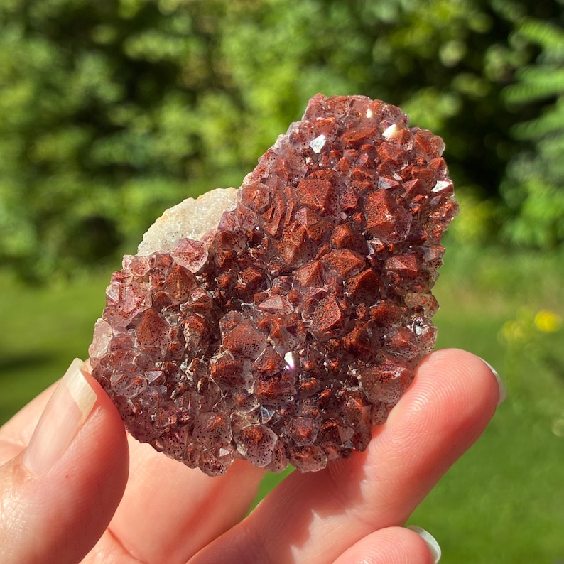 May include: A cluster of deep red, iron-stained quartz crystals with a jagged, crystalline surface texture. The mineral specimen features numerous small, pointed points that catch the light, displaying a rich, earthy crimson hue throughout.