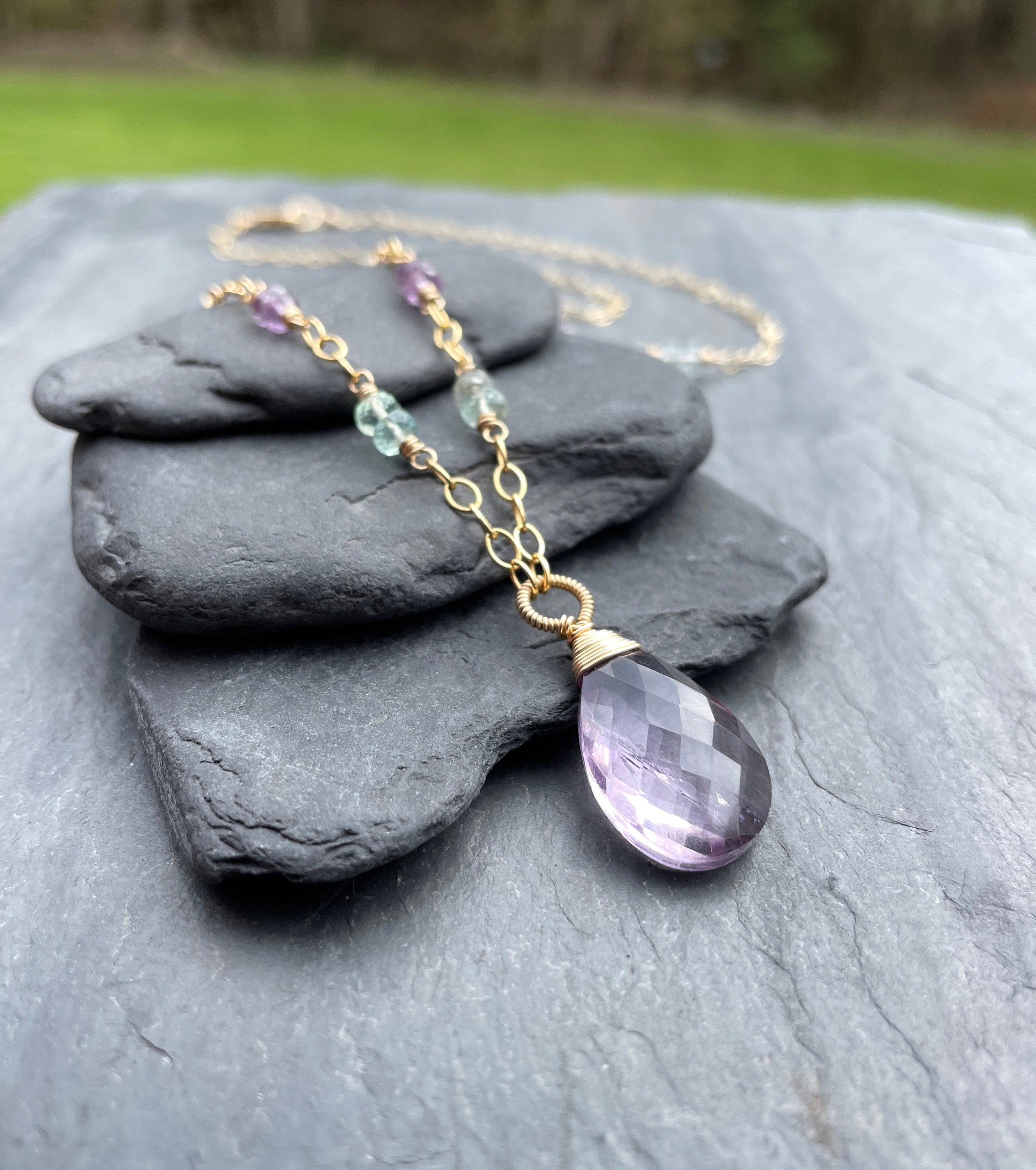Amethyst, Blue Fluorite, 21 Inch Necklace, 14k Goldfill