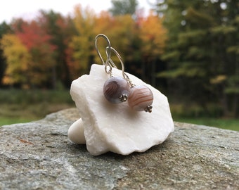 Striped Agate Earrings, Sterling Silver, Earthy Natural Colors, Smooth Sphere Stone, Dangle Stone Earrings