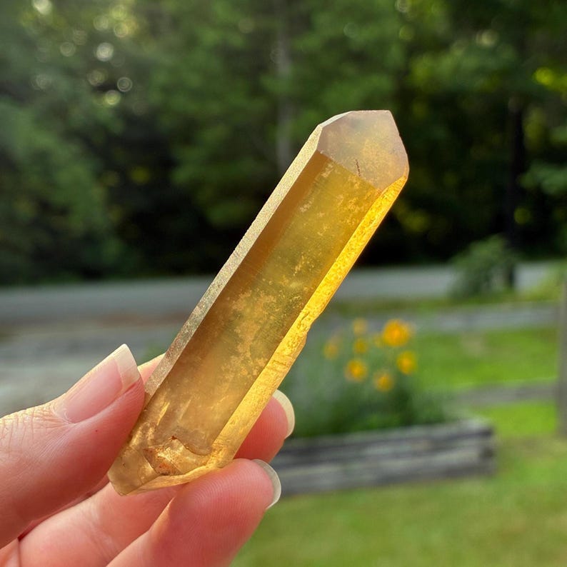 May include: A translucent, elongated, hexagonal crystal point with a vibrant golden-yellow hue. The mineral features a smooth, polished surface with natural internal inclusions and a sharp, faceted termination at the top end.