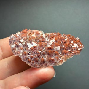 May include: A cluster of translucent, light purple quartz crystals featuring prominent reddish-brown mineral inclusions. The specimen has a jagged, irregular shape with numerous small, pointed crystal terminations covering the surface.