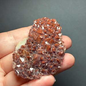 May include: A cluster of small, pointed crystals with a deep reddish-brown hue and translucent edges. The mineral specimen features a textured, jagged surface with numerous sharp, multifaceted points that catch the light, displaying a mix of dark rust and clear crystalline structures.