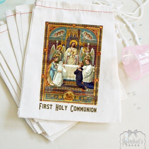 Bolsas de recuerdo para Primera Comunión: Fiesta Católica Vintage, Muselina Personalizada (10x15 cm, 10 unidades)