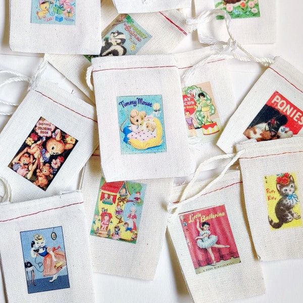 Tiny Favor Bags - Assortment Coloring Book Colors - Retro Goodie Bag Childrens Party - Vintage Custom Dozen - 8 12 or 20 count