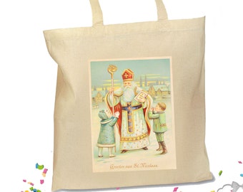 Vintage St. Nicholas Canvas Gift Bag: Retro Dutch Christmas Tote