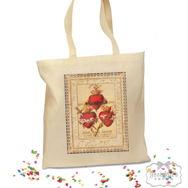 Catholic Tote Bag, Hearts of the Holy Family, Blessed Mother Jesus St. Joseph, French Retro Gift Canvas Vintage Fabric Personalized 2 Sizes