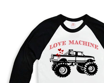 Valentine Shirt Boy - Boys Valentine Baseball Retro Tee - "Love Machine" - Motorcycle or Truck - Black White Baseball Custom Size Vintage