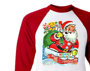 Christmas Santa Shirt -Toddler Santa Shirt - Retro Christmas Shirt - Tee Santa Boy - Red White Baseball Chimney Custom Size Girl Vintage