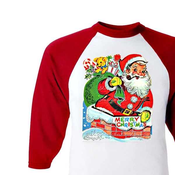 Christmas Santa Shirt -Toddler Santa Shirt - Retro Christmas Shirt - Tee Santa Boy - Red White Baseball Chimney Custom Size Girl vintage