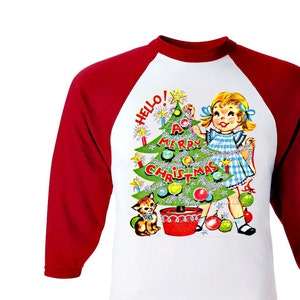 Girl Christmas Shirt -Tee Red White Baseball - Christmas Tree Shirt - Retro Vintage Tween - Infant Toddler Personalized Tshirt