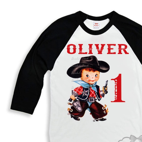 Cowboy Birthday Shirt - Boys Cowboy Shirt - Black White Baseball - Birthday TShirt - Western Party - Rodeo Personalize - Custom Size Retro