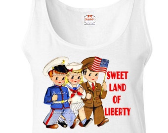 July 4th Shirt - Women's Flag Tank - Womens Patriotic WWII - "Sweet Land of Liberty" - Military Parade Shirt - Vintage Size S M L Xl XXL