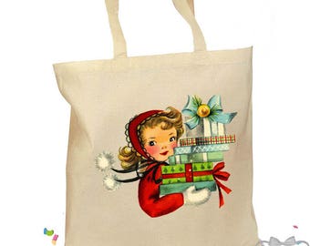 Christmas Tote Bag - Christmas Gift Bag - "Girl with Packages" - Retro Gift Canvas Vintage Personalized Canvas Bag - Mid Century Christmas