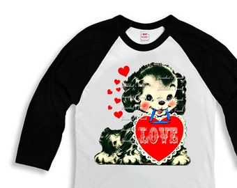 Valentine Shirt - Puppy LOVE Shirt - Toddler Baseball Valentine -  Dog Kids Shirt - Black White Baseball Valentine - Retro Vintage