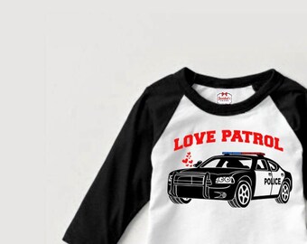 Valentine Shirt Boy Police Car Baseball Retro Tee "Love Patrol" Black White Size 12m to XL Boys Graphic Tee Valentine's Party