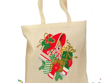 Christmas Tote Bag - Christmas Gift Bag - "Shopping Lady" = 1940s Retro Gift Canvas Vintage Personalized Canvas Bag - Mid Century Christmas