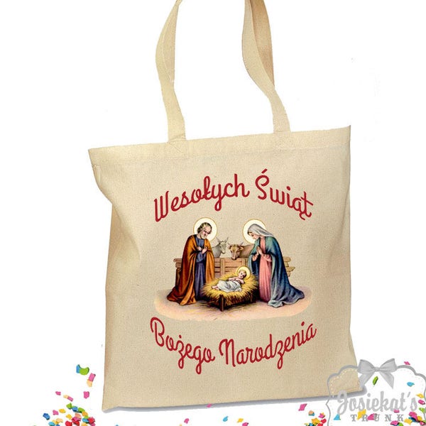 Sac fourre-tout polonais - Wesolych Swiat Bozego Narodzenia - Tissu vintage de toile cadeau - 2 tailles - sac traditionnel d'arbre de Santa de Nativity