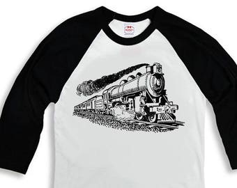 Boys Train Shirt - Retro Train Shirt - Boy Locomotive Shirt - Baseball Train Shirt - Black Baseball Train Shirt - Train Party Shirt Toddler