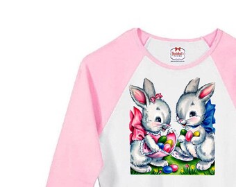 Women Easter Shirt - Easter Bunny Shirt - Ladies Easter Baseball Shirt - Pink White Bunny Pair Shirt -  Ladies Junior Size S M L Xl 2XL