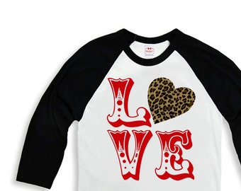 Valentine Shirt - Girl LOVE Shirt - Toddler Baseball Valentine -  Girl Black White RED Text Baseball Leopard Valentine - Retro Vintage