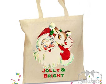 Santa Tote Bag - Christmas Gift Bag - Retro Gift Canvas Vintage Fabric Personalized Canvas Bag - Mid Century Christmas - Kids Christmas Bag