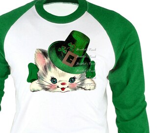 Womens Irish Shirt - St Patrick Shirt - Irish Kitty Baseball Green White Shirt - Irish Adult Tee - Leprechaun Hat XS S M L Xl 2XL 3XL