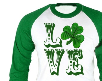 Womens Irish Shirt - St Patrick Love TShirt - Shamrock Baseball Green White Shirt - Irish Tee - Custom Size  XS S M L Xl 2XL 3XL