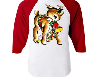 Christmas Reindeer Shirt - Christmas Deer Shirt - Josiekat's Trunk Shirt - Red White Baseball - Kids Christmas Shirt - Retro Vintage