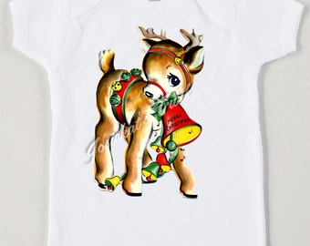 Deer Christmas Shirt Tee - Retro Christmas Tshirt - Kids Deer Shirt - Reindeer Tee - Custom Size Vintage Tshirt Bell Size NB to XL Youth